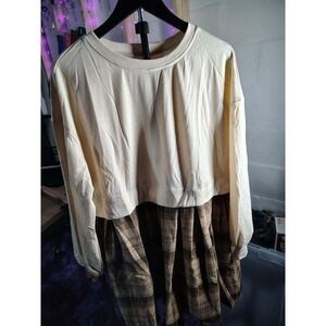 Long Sleeve Plaid Skirt Dress Cream Top Brown Plaid Bottom Size M